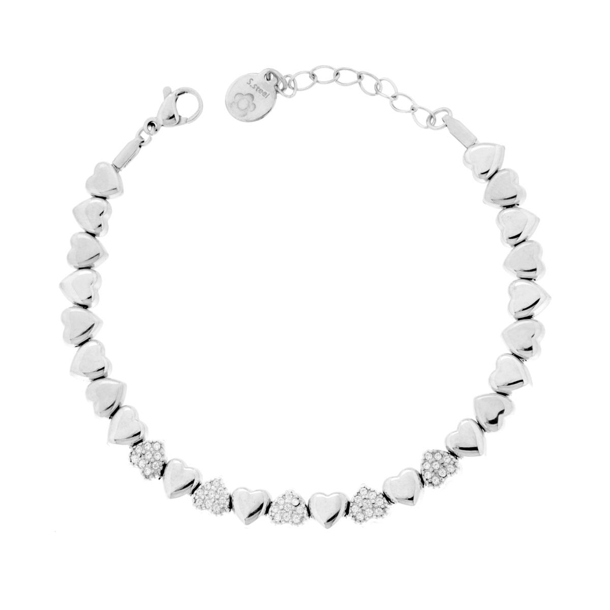 Bracciale Catena Cuori Bombati e Crystal Bianchi in ACCIAIO