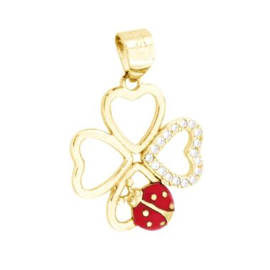 Ciondolo Quadrifoglio e Coccinella Smalto Rosso portafortuna con Cubic Zirconia Bianchi in ARGENTO 925 Galvanica Oro