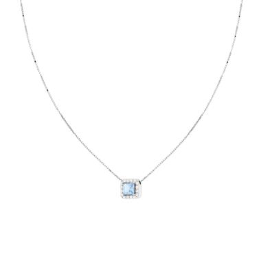 Collana Catena Veneziana Diamantata con Quadrato Carre Acquamarina contornato da Cubic Zirconia Bianchi in ARGENTO 925 Galvanica Rodio