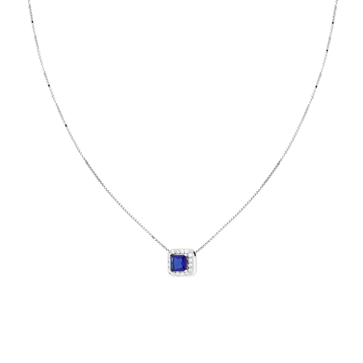 Collana Catena Veneziana Diamantata con Quadrato Carre Blu Zaffiro contornato da Cubic Zirconia Bianchi in ARGENTO 925 Galvanica Rodio