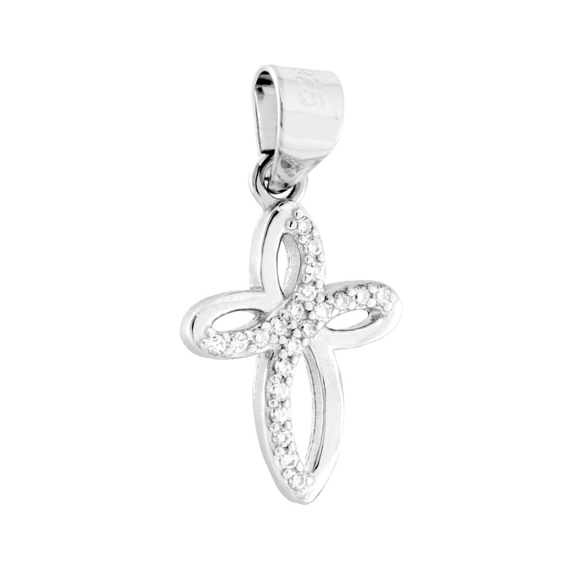 Ciondolo Croce Fiore con Cubic Zirconia Bianchi in ARGENTO 925 Galvanica Rodio
