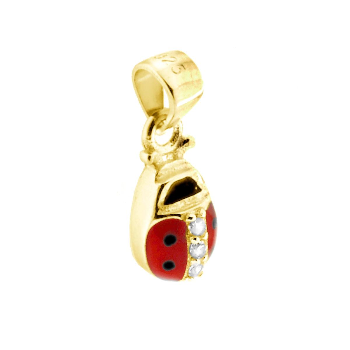 Ciondolo Portafortuna Coccinella smalto Rosso e Pois Neri con Zirconi Bianchi in ARGENTO 925 Galvanica Oro