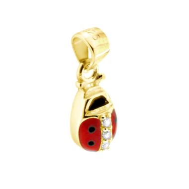 Ciondolo Portafortuna Coccinella smalto Rosso e Pois Neri con Zirconi Bianchi in ARGENTO 925 Galvanica Oro