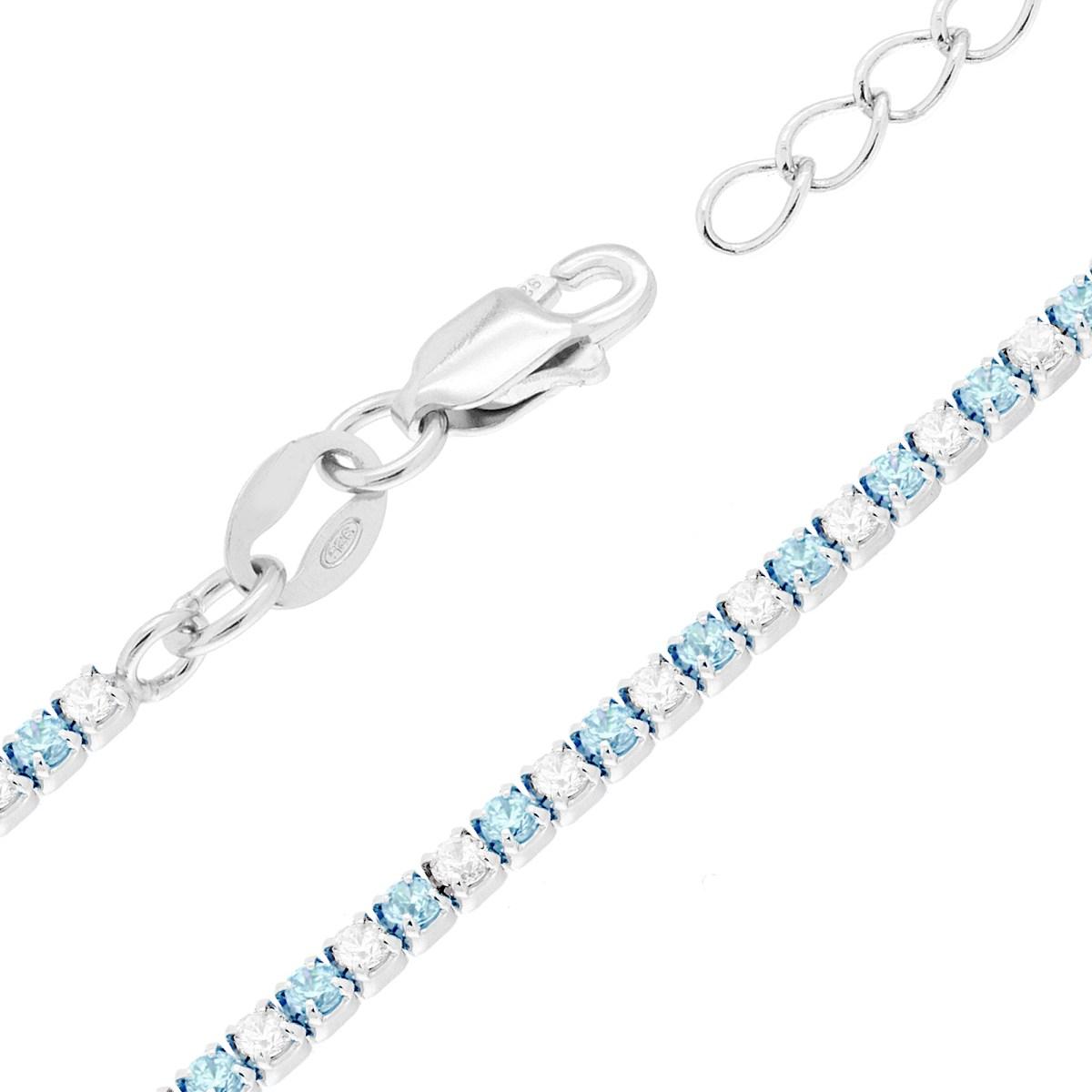 Bracciale Tennis Griffe cm 16+3 con Cubic Zirconia alternati Acquamarina e Bianchi mm 1.7 in ARGENTO 925 Galvanica Rodio