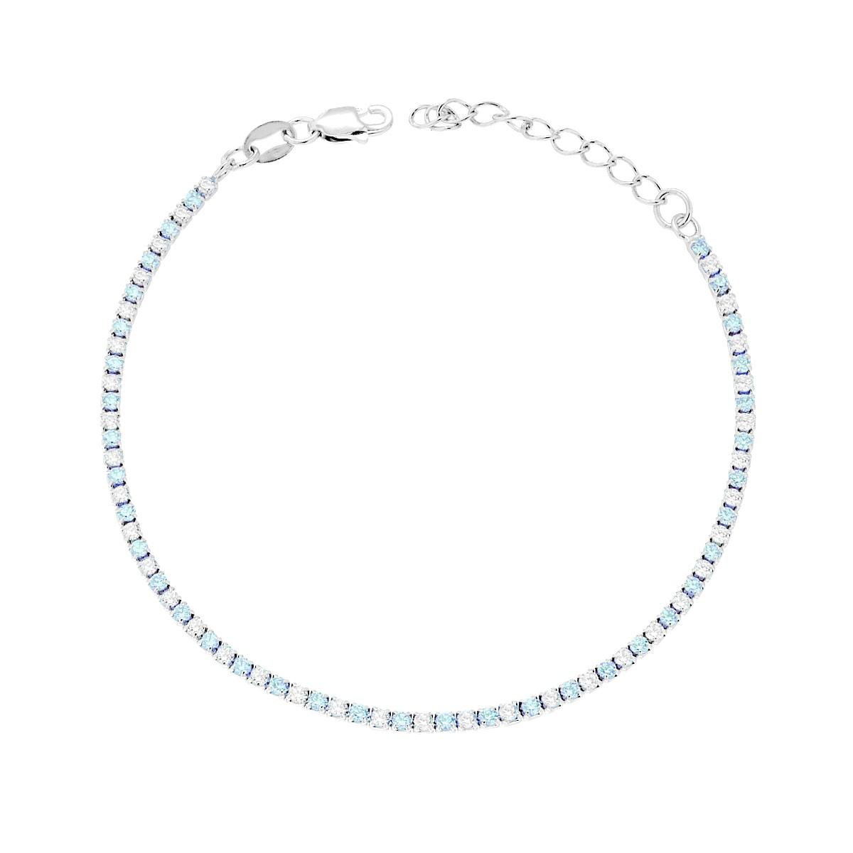 Bracciale Tennis Griffe cm 16+3 con Cubic Zirconia alternati Acquamarina e Bianchi mm 1.7 in ARGENTO 925 Galvanica Rodio
