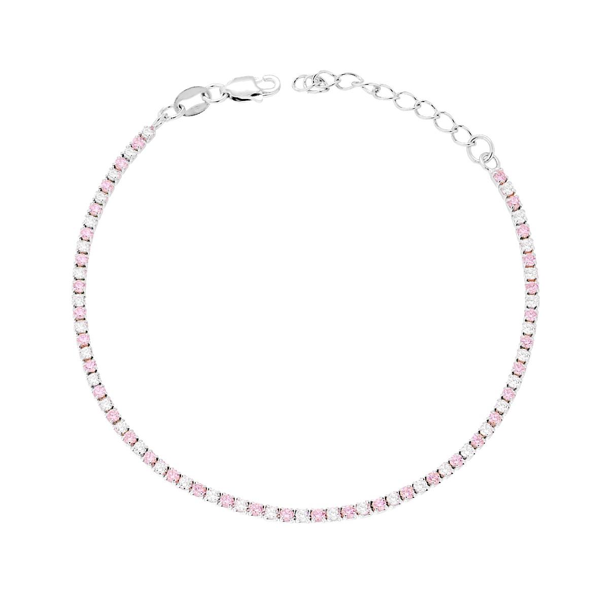 Bracciale Tennis Griffe cm 16+3 con Cubic Zirconia alternati Rosa e Bianchi mm 1.7 in ARGENTO 925 Galvanica Rodio