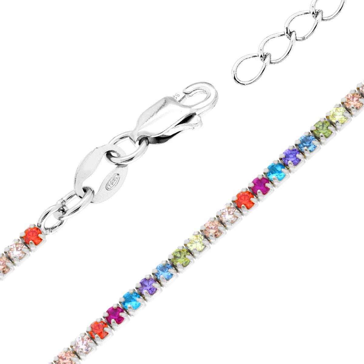 Bracciale Tennis Griffe cm 16+3 con Zirconi Multicolor mm 1.7 in ARGENTO 925 Galvanica Rodio