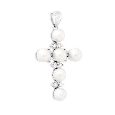 Ciondolo Croce con Perle e Cubic Zirconia Bianchi in ARGENTO 925 Galvanica Rodio