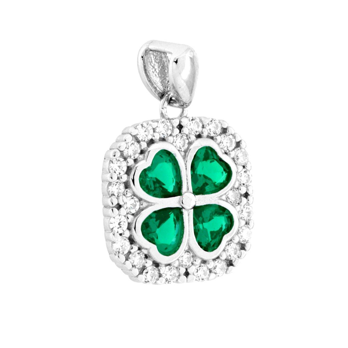 Ciondolo Ottagonale con Quadrifoglio Cuori Verde Smeraldo contornati da Cubic Zirconia Bianchi in ARGENTO 925 Galvanica Rodio
