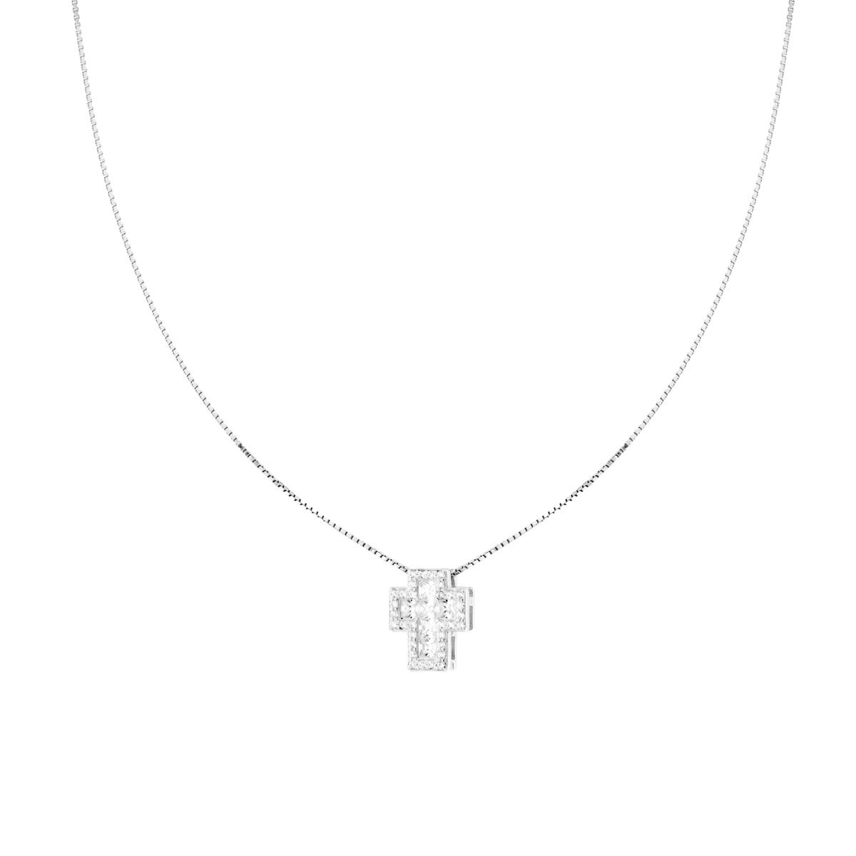 Collana Catena Veneziana Diamantata con Croce Bianca contornata da Cubic Zirconia Bianchi in ARGENTO 925 Galvanica Rodio