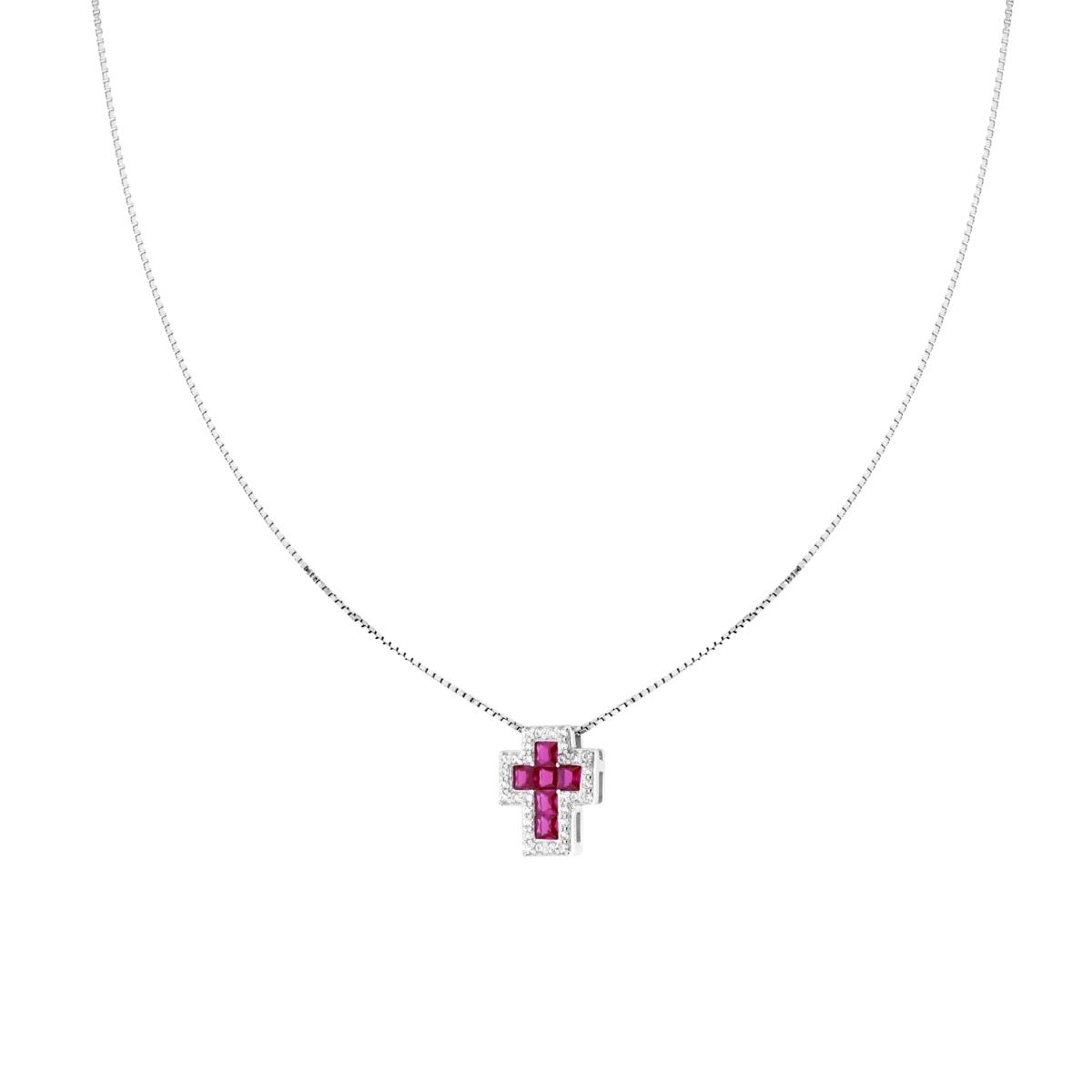 Collana Catena Veneziana Diamantata con Croce Rosso Rubino contornata da Cubic Zirconia Bianchi in ARGENTO 925 Galvanica Rodio