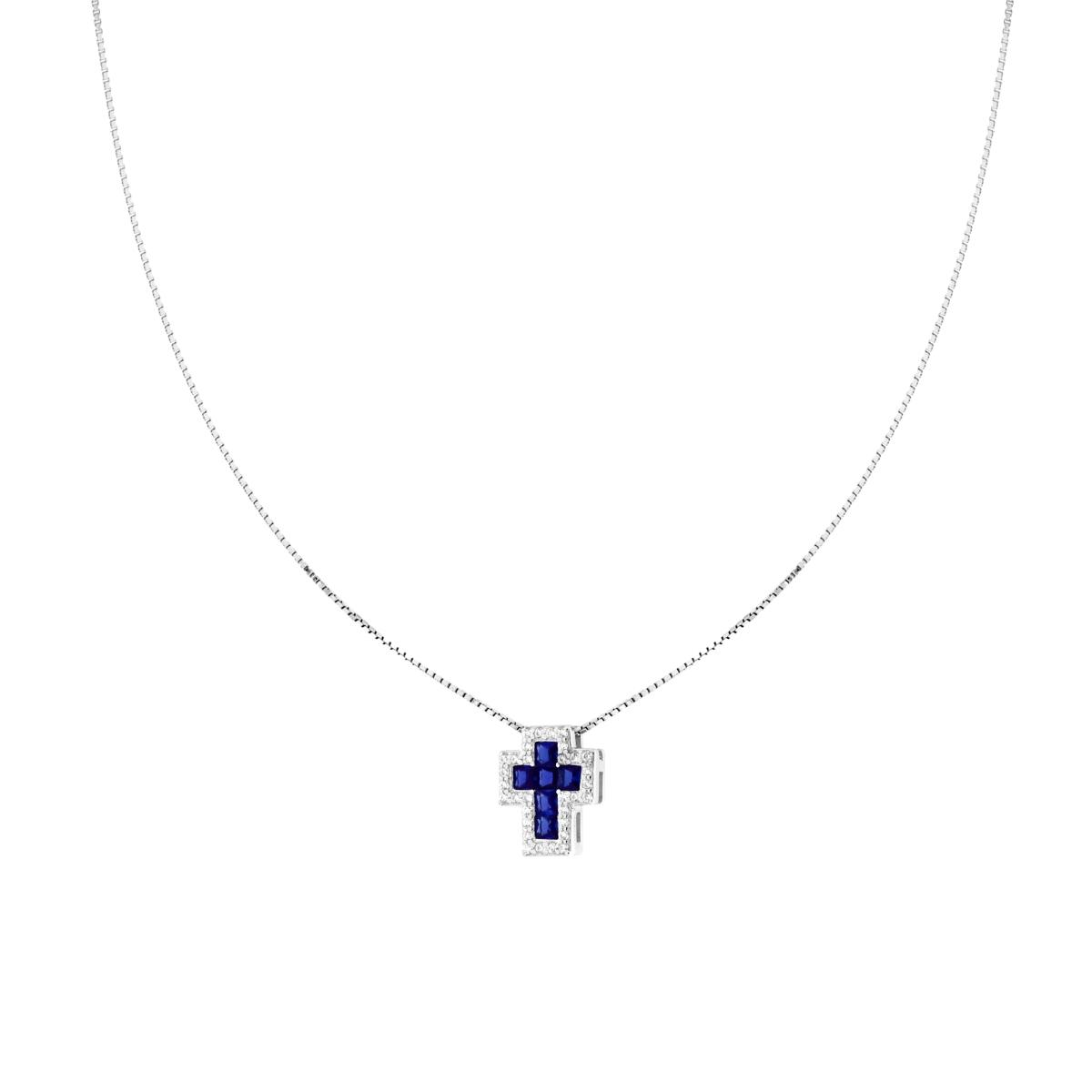 Collana Catena Veneziana Diamantata con Croce Blu Zaffiro contornata da Cubic Zirconia Bianchi in ARGENTO 925 Galvanica Rodio