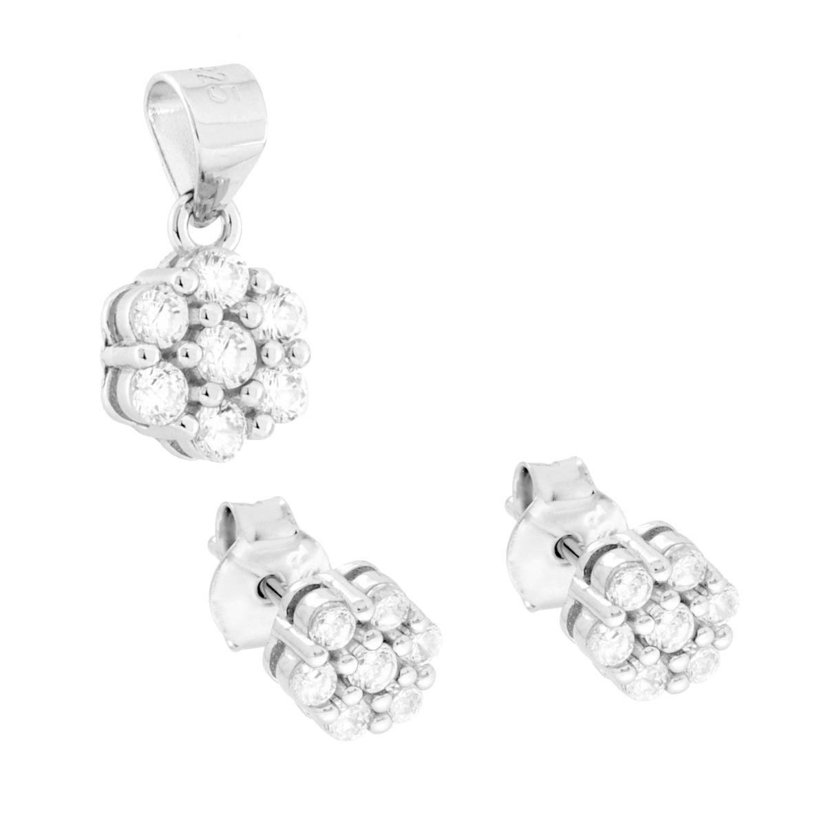 Parure Set Orecchini e Ciondolo con Fiore e Cubic Zirconia Bianchi in ARGENTO 925 Galvanica Rodio