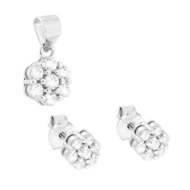 Parure Set Orecchini e Ciondolo con Fiore e Cubic Zirconia Bianchi in ARGENTO 925 Galvanica Rodio
