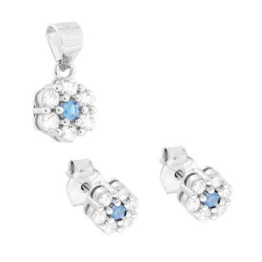 Parure Set Orecchini e Ciondolo con Fiore Acquamarina e Cubic Zirconia Bianchi in ARGENTO 925 Galvanica Rodio