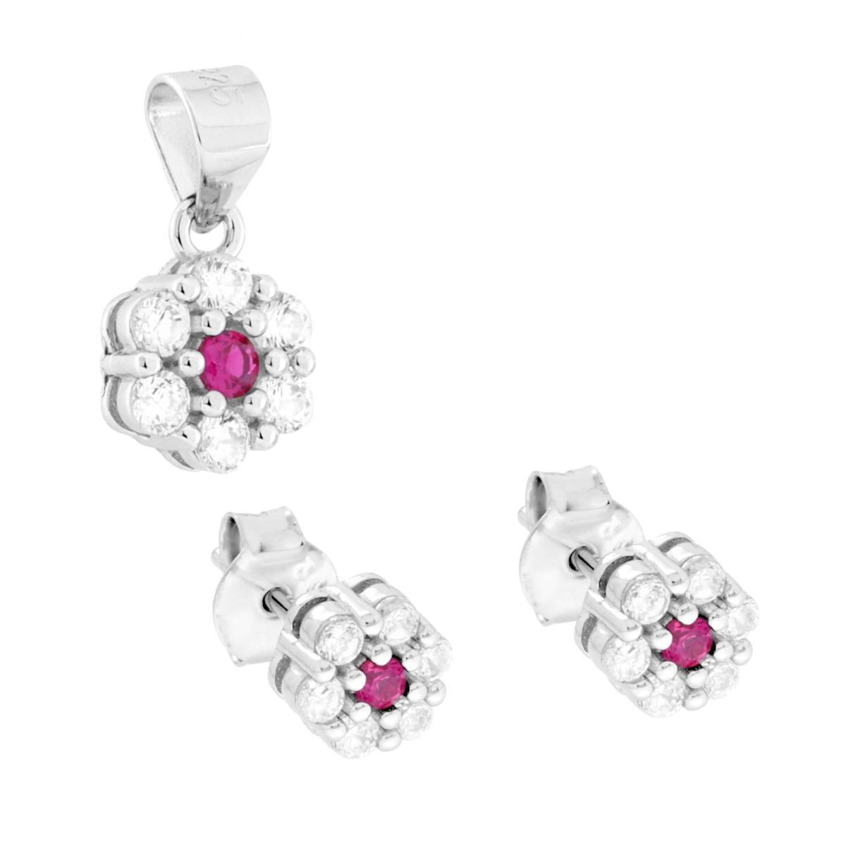 Parure Set Orecchini e Ciondolo con Fiore Rosso Rubino e Cubic Zirconia Bianchi in ARGENTO 925 Galvanica Rodio
