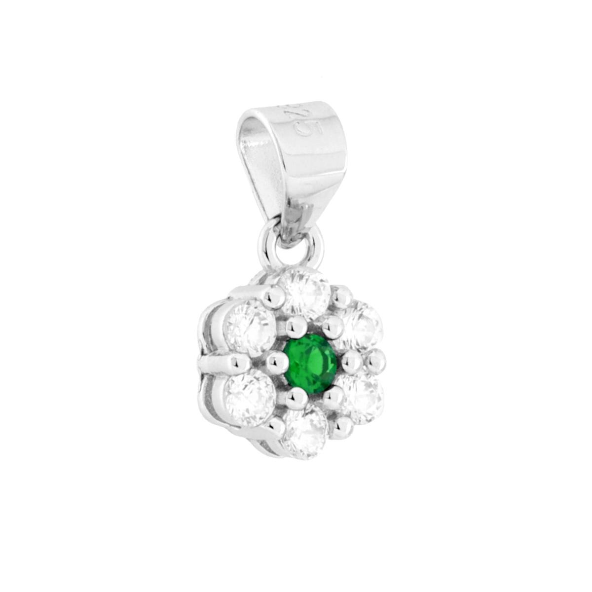 Parure Set Orecchini e Ciondolo con Fiore Verde Smeraldo e Cubic Zirconia Bianchi in ARGENTO 925 Galvanica Rodio