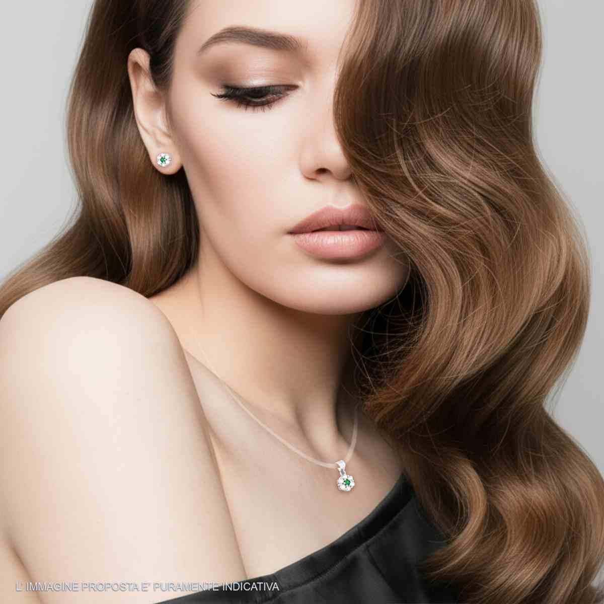Parure Set Orecchini e Ciondolo con Fiore Verde Smeraldo e Cubic Zirconia Bianchi in ARGENTO 925 Galvanica Rodio