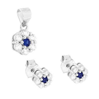 Parure Set Orecchini e Ciondolo con Fiore Blu Zaffiro e Cubic Zirconia Bianchi in ARGENTO 925 Galvanica Rodio