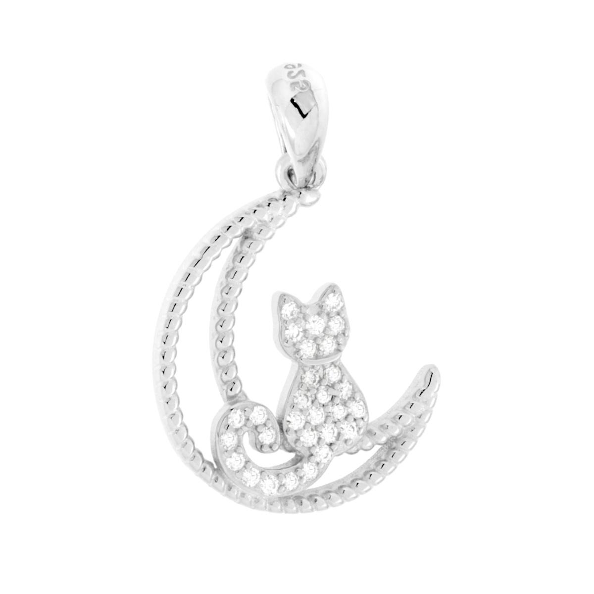 Ciondolo Luna con Gatto e Cubic Zirconia Bianchi in ARGENTO 925 Galvanica Rodio
