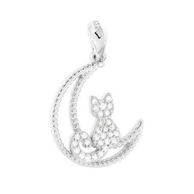 Ciondolo Luna con Gatto e Cubic Zirconia Bianchi in ARGENTO 925 Galvanica Rodio