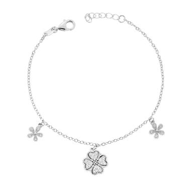Bracciale Catena Forzatina Diamantata con Quadrifoglio e Fiori con Cubic Zirconia Bianchi in ARGENTO 925 Galvanica Rodio