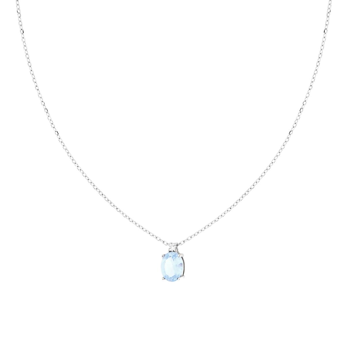 Collana Catena Forzatina Diamantata con Punto Luce Ovale Cubic Zirconia Acquamarina in ARGENTO 925 Galvanica Rodio