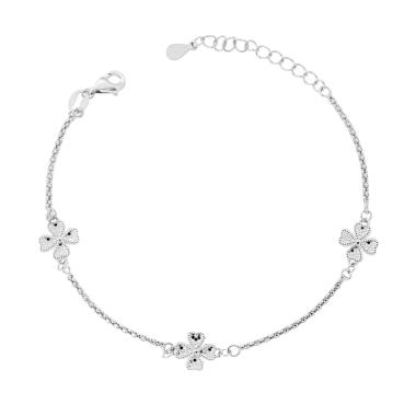 Bracciale Catena Coreana Diamantata con Quadrifogli Diamantati in ARGENTO 925 Galvanica Rodio