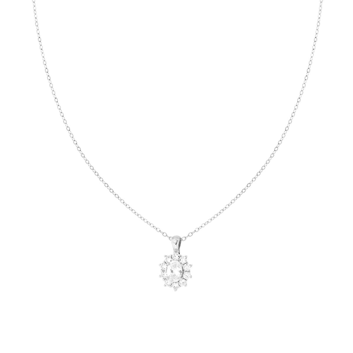 Collana Catena Forzatina Diamantata con Punto Luce Ovale Bianco contornato da Cubic Zirconia Bianchi in ARGENTO 925 Galvanica Rodio