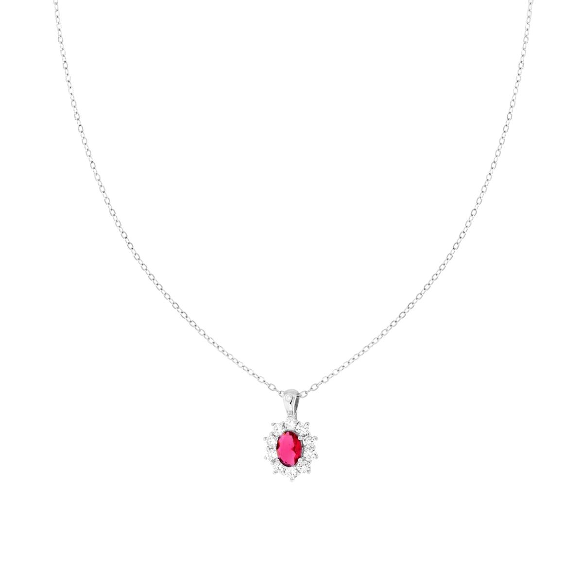 Collana Catena Forzatina Diamantata con Ovale Rosso Rubino contornato da Cubic Zirconia Bianchi in ARGENTO 925 Galvanica Rodio