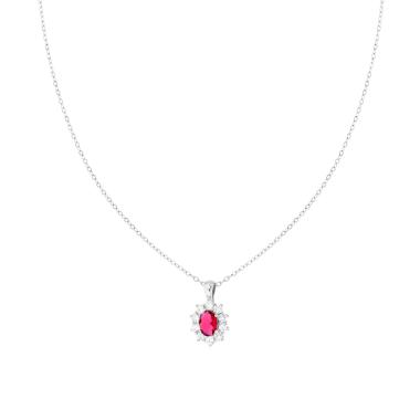 Collana Catena Forzatina Diamantata con Ovale Rosso Rubino contornato da Cubic Zirconia Bianchi in ARGENTO 925 Galvanica Rodio