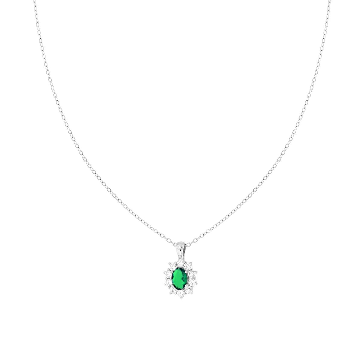 Collana Catena Forzatina Diamantata con Ovale Verde Smeraldo contornato da Cubic Zirconia Bianchi in ARGENTO 925 Galvanica Rodio