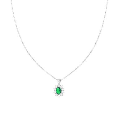 Collana Catena Forzatina Diamantata con Ovale Verde Smeraldo contornato da Cubic Zirconia Bianchi in ARGENTO 925 Galvanica Rodio