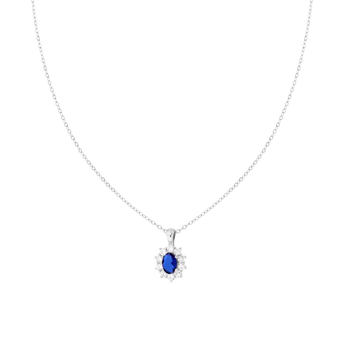 Collana Catena Forzatina Diamantata con Ovale Blu Zaffiro contornato da Cubic Zirconia Bianchi in ARGENTO 925 Galvanica Rodio