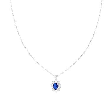 Collana Catena Forzatina Diamantata con Ovale Blu Zaffiro contornato da Cubic Zirconia Bianchi in ARGENTO 925 Galvanica Rodio