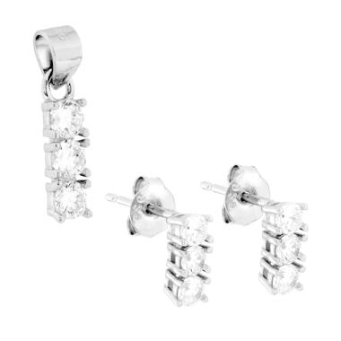 Parure Set Orecchini e Ciondolo con Trilogy Cubic Zirconia Bianchi in ARGENTO 925 Galvanica Rodio