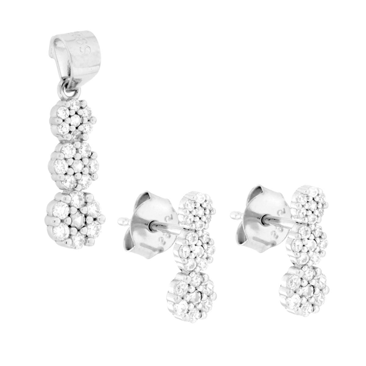 Parure Set Orecchini e Ciondolo con Trilogy Fiori Cubic Zirconia Bianchi in ARGENTO 925 Galvanica Rodio