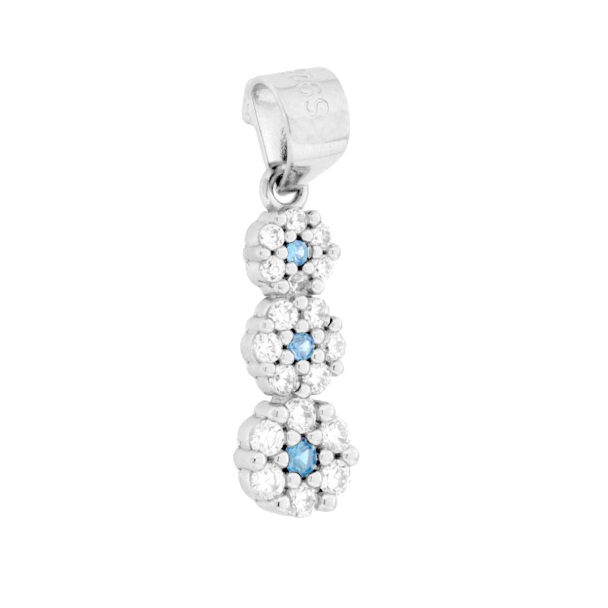 Parure Set Orecchini e Ciondolo con Trilogy Fiori Cubic Zirconia Acquamarina e Bianchi in ARGENTO 925 Galvanica Rodio