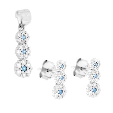 Parure Set Orecchini e Ciondolo con Trilogy Fiori Cubic Zirconia Acquamarina e Bianchi in ARGENTO 925 Galvanica Rodio