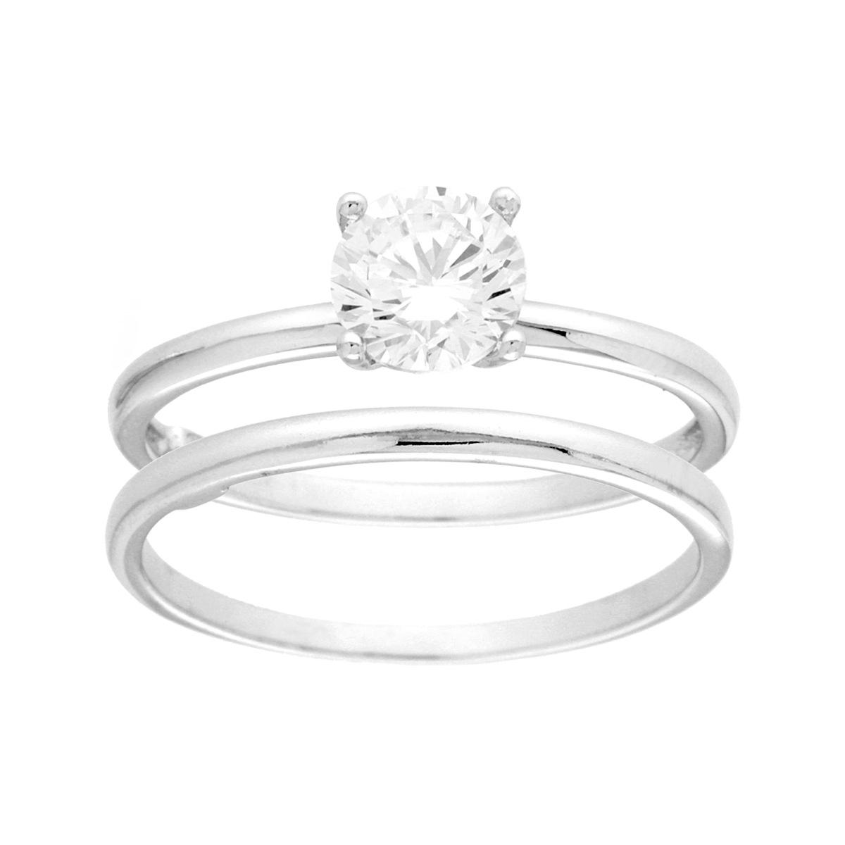 Anello doppio Fedina e Solitario con Cubic Zirconia Bianchi mm 6 in ARGENTO 925 Galvanica Rodio