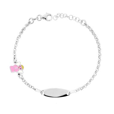 Bracciale Bimbo Bimba Catena Rolo con Targa Ovale e Angelo con Smalto Rosa in ARGENTO 925 Galvanica Rodio
