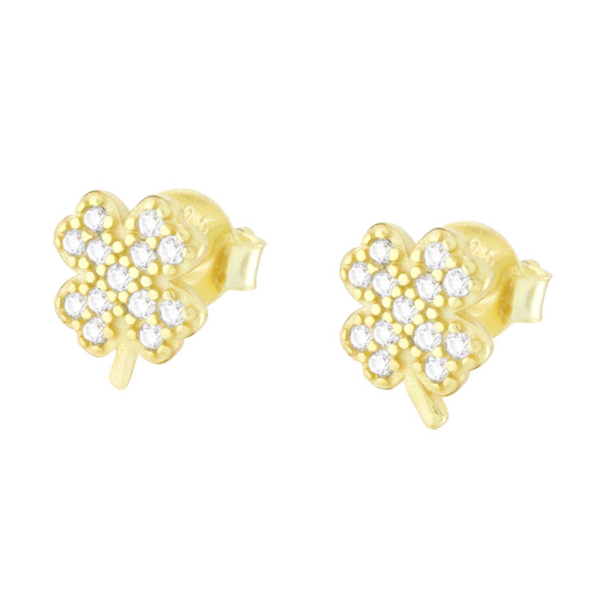 Orecchini Quadrifoglio con Cubic Zirconia Bianchi in ARGENTO 925 Galvanica Oro