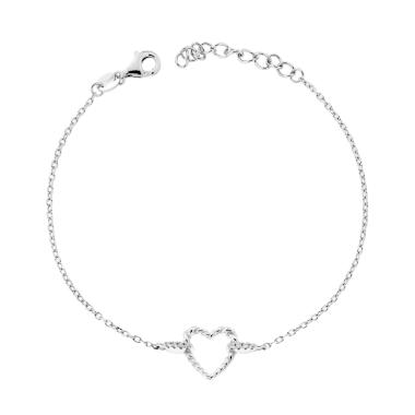 Bracciale Catena Forzatina Diamantata con Cuore e Cubic Zirconia Bianchi in ARGENTO 925 Galvanica Rodio