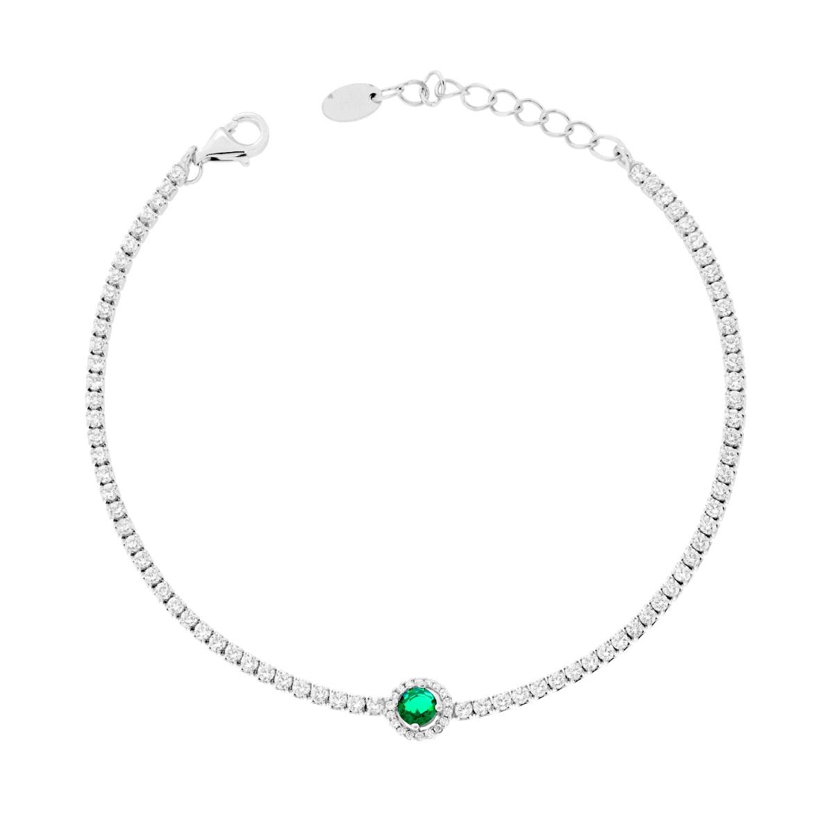 Bracciale Tennis con Cubic Zirconia Bianchi e Tondo Verde Smeraldo in ARGENTO 925 Galvanica Rodio