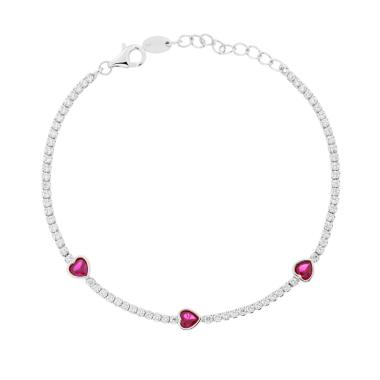 Bracciale Tennis con Cuori Rosso Rubino e Cubic Zirconia Bianchi in ARGENTO 925 Galvanica Rodio