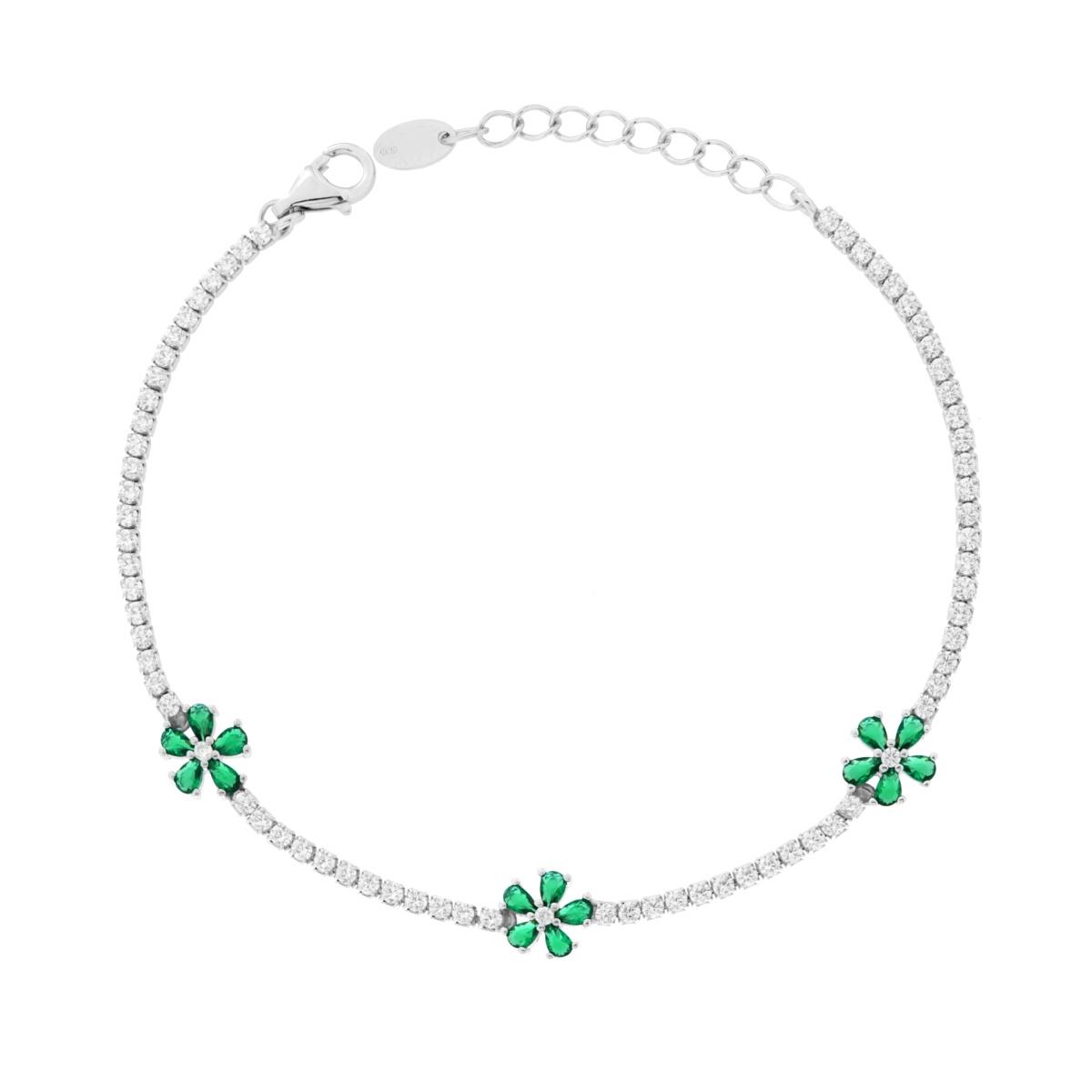 Bracciale Tennis con Fiori Verde Smeraldo e Cubic Zirconia Bianchi in ARGENTO 925 Galvanica Rodio