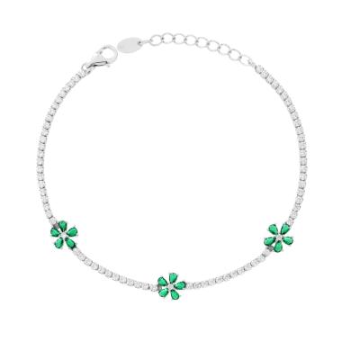 Bracciale Tennis con Fiori Verde Smeraldo e Cubic Zirconia Bianchi in ARGENTO 925 Galvanica Rodio