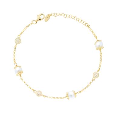 Bracciale Catena Rolo Diamantata con Perle e Cubic Zirconia Bianchi in ARGENTO 925 Galvanica Oro