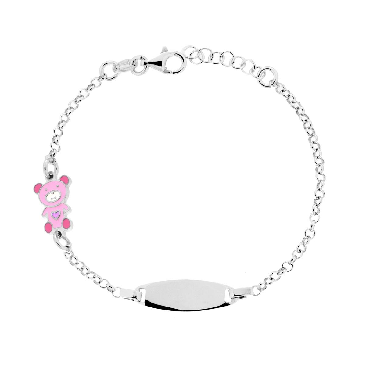 Bracciale Bimbo Bimba Catena Rolo con Targa Ovale e Orsacchiotto con Smalto Rosa in ARGENTO 925 Galvanica Rodio