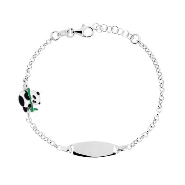 Bracciale Bimbo Bimba Catena Rolo con Targa Ovale e Panda con Smalto Bianco e Nero in ARGENTO 925 Galvanica Rodio